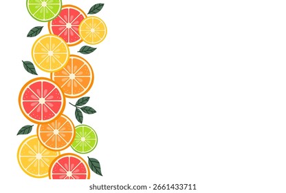 Citrus Fruits Banner, Border. Colorful assortment of citrus fruits arranged on a background for vibrant decoration.