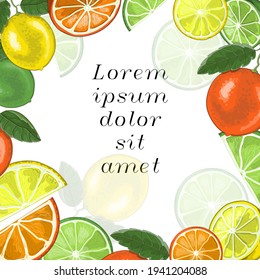 Citrus fruits, banner design template. Hand drawn vector illustration of citrus fruits - oranges, lemons, limes. Banner in cartoon style. Stock vector illustration.
