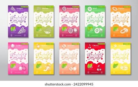 Citrus, Fruits and Berries Yogurt Label Templates Set. Abstract Vector Dairy Packaging Design Layouts Collection. Modern Banner with Hand Drawn Fruit Illustrations Backgrounds Bundle. Isolated