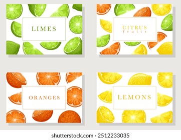 Conjunto de cartões de visita Citrus frutas. Limas, laranjas, limões ilustrações sobre fundo branco. Coleção de planos de fundo de desenhos animados vetoriais desenhados à mão com uma caixa de texto