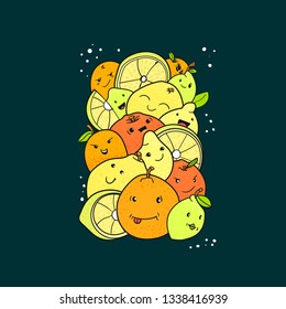 Citrus fruits characters vector doodle drawing