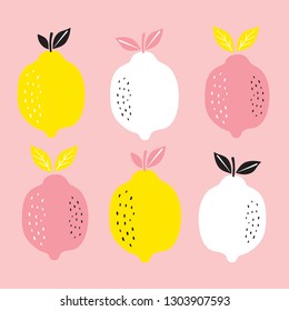 Citrus fruits collection. Pattern background with lemons. Hand drawn colorful vector wallpaper.
