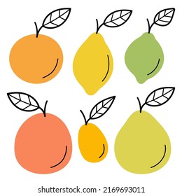 Citrus fruits doodles set. Orange, lemon, lime, grapefruit, pomelo, kumquat. Hand drawn sketch icon. Isolated vector illustration.