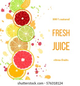 Citrus Fruits Fresh Juice. Bergamot, Lemon, Grapefruit, Lime, Mandarin, Pomelo, Orange, Blood Orange With Splashes And Slices. For Fresh Bar, Cocktails, Cafe, Restaurant, Label, Advertising Template