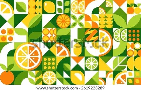Citrus fruits geometric pattern background of fresh farm food and agriculture. Vector abstract citrus fruits, green leaves and flowers flat geometric mosaic. Oranges, limes and lemon slices pattern