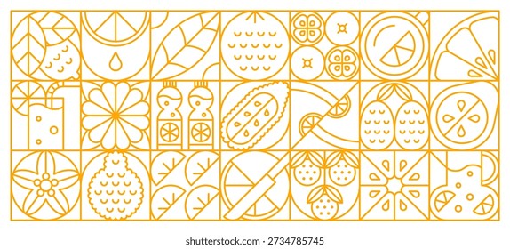 Citrus fruits geometric pattern with minimalist vector shapes. Vector retro design features abstract lemon, lime, bottle with juice, glass with straw, tea cup, leaf and orange slices with knife