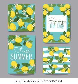 Citrus fruits greeting cardsset collection. Vector illustration. Lemons, green leaves and flowers on turquoise blue backgrounds.