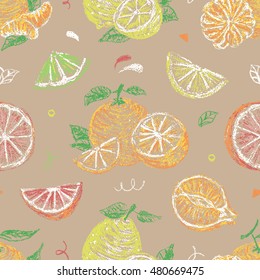 Citrus fruits hand drawn seamless pattern on cardboard. Vector 