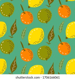 Citrus fruits illustration in cartoon style. Vector seamless pattern on green background. Cute design for banners, posters, cards, fabric, textile, prints, packaging, scrapbooking.