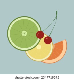 citrus fruits, juicy fruits, orange, lime, lemon and cherry, cherry. refreshing on a summer day. a piece of orange, a slice of orange