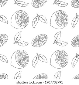 Citrus fruits and leaves seamless pattern.Endless monochrome texture of lemon slices.Sketch.Vector illustration for packaging, emblems, labels, wrappers.Repeating vector texture.

