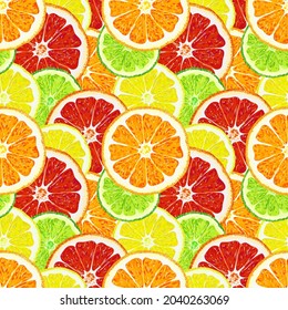 Citrus fruits. Orange, lemon, lime, grapefruit. Seamless pattern. Texture for fabric, wrapping, wallpaper. Decorative print.