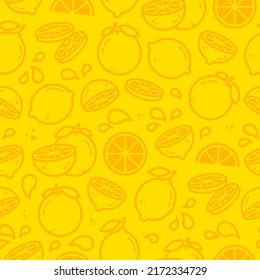 Citrus fruits for package, kitchen design, fabric and textile. Lime, lemon, orange vector seamless pattern in outline style