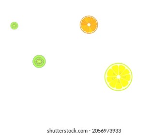 citrus fruits pattern. Green kiwi, orange, lemon fruit half-cut slices closeup. Colorful vector background.