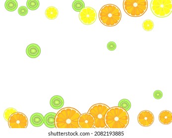 citrus fruits pattern. Green kiwi, orange, lemon fruit half-cut slices closeup. Colorful vector background.