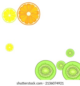 citrus fruits pattern. Green kiwi, orange, lemon fruit half-cut slices closeup. Tropical fruit cut into halves on white.