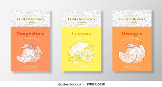 Citrus Fruits Pattern Label Templates Set. Vector Packaging Design Layout Collection. Modern Typography Banner with Hand Drawn Oranges, Lemon and Tangerines Sketches Background. Isolated.