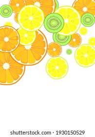 citrus fruits pattern. Lemon, orange, kiwi, mandarin. Tropical fruit cut into halves on white.