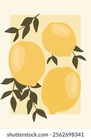 Citrus fruits poster, juicy lemons illustration. Abstract poster groovy yellow fruit design for wall print