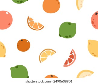 Citrus fruits, seamless pattern design. Tropical summer print. Endless background, texture, lemon, lime, orange and grapefruit. Colored flat vector illustration for wrapping, wallpaper and fabric