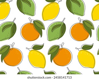 Citrus fruits seamless pattern. Fresh whole orange, lemon, lime with leaves background. Outline Tropical fruit. Doodle simple illustration. Package, wallpaper, cover design