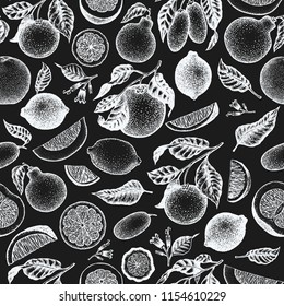 Citrus fruits seamless pattern. Hand drawn vector fruit illustration on chalk board. Engraved style. Vintage citrus background.