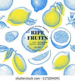 Citrus fruits seamless pattern. Hand drawn vector fruit illustration. Engraved style. Vintage citrus background.