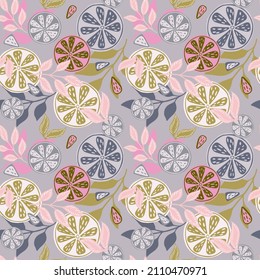 Citrus fruits seamless pattern. Scandinavian texture lemons, limes, oranges and branches. Romantic background. Repeated ornament for fabric, wrapping paper, wallpaper, tissue. Vector illustration.