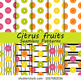Citrus fruits seamless pattern set. Orange, kiwi and lemon. Fruits with black streaks on the background. Vector illustration