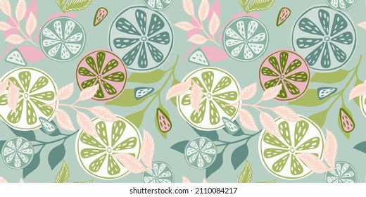 Citrus fruits seamless pattern. Spring texture lemons, limes, oranges and branches. Romantic background. Repeated ornament for fabric, wrapping paper, wallpaper, tissue. Vector illustration.