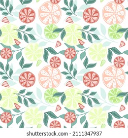 Citrus fruits seamless pattern. Summer texture lemons, limes, oranges and branches. Colorful tropical background. Repeated ornament for fabric, wrapping paper, wallpaper, tissue. Vector illustration.