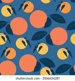 Citrus fruits seamless pattern Vector illustration in flat design Ripe lemons and oranges with leaves on blue background