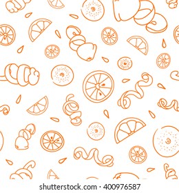 Citrus fruits, segments, orange-peels and seeds seamless pattern. Vector doodle illustration