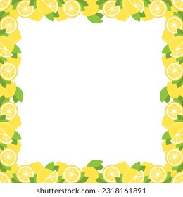 Citrus fruits vector frame with copy space. Border of yellow lemons and green leaves on white background.