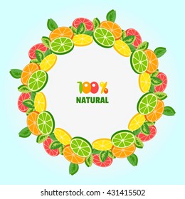 Citrus Fruits. Citrus wreath. Tropic Fruit frame. Sliced lemon, lime, orange, grapefruit, leaves.  Fresh natural product Concept. Organic  natural meal. Tropical  product. Vector Illustration