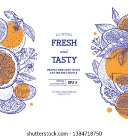 Citrus fun design template. Engraved style illustration. Orange, flowers, lemon, tangerine, grapefruit. Vector illustration