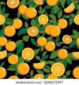 Citrus garden seamless pattern. Vector citrus fruits on black background. Lush oranges and leaves seamless Print. Tropical orange tree repeat pattern.