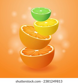 Citrus halves on a yellow gradient background. Vector illustration