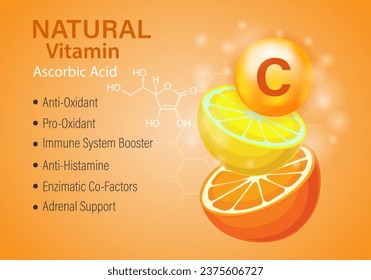 Citrus halves orange and lemon. The concept of natural vitamin C. The benefits of vitamin C with a formula for health.  Vector illustration.