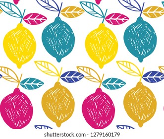 Citrus hand drawn doodle pattern background - lemon, lime, orange