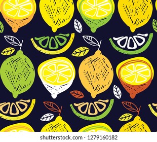 Citrus hand drawn doodle pattern background - lemon, lime, orange