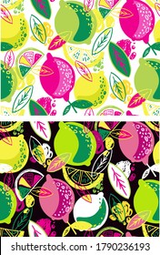 Citrus hand drawn doodle pattern background. Citrus lemon abstract set. Template citrus art set.