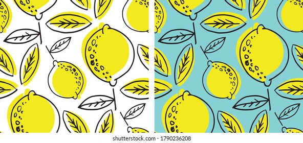 Citrus hand drawn doodle pattern background. Citrus lemon abstract set. Template citrus art set.