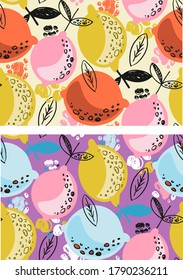Fondo del patrón de doodle dibujado a mano por el cítrico. Juego abstracto de limón cítrico. Conjunto de arte cítrico de plantilla.
