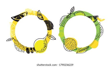 Citrus hand drawn doodle pattern background. Citrus lemon abstract set. Template citrus art set.