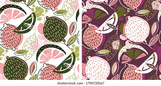 Citrus hand drawn doodle pattern background. Citrus lemon abstract set. Template citrus art set. Lemonade pattern fabric texture.