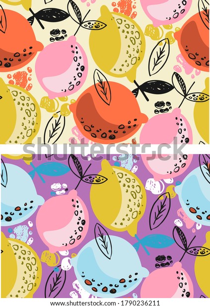 Citrus hand drawn doodle pattern\
background. Citrus lemon abstract set. Template citrus art\
set.