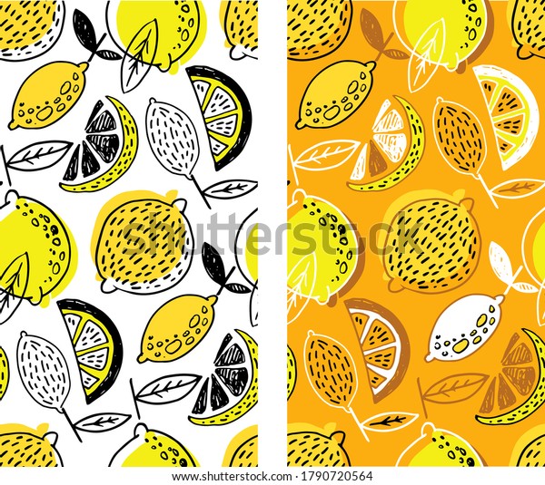 Citrus hand drawn doodle pattern background.\
Citrus lemon abstract set. Template citrus art set. Lemonade\
pattern fabric texture.