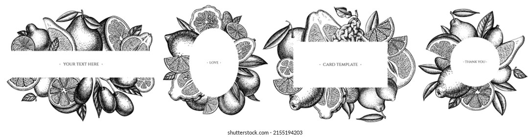 Citrus hand drawn frame templates. Vintage illustrations of kumquat, lemon, tangelo, etc.