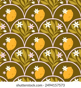 Citrus hand drawn illustration. Summer geometrical pattern with hand drawn lemons. Vector elegant print for fabric, wallpaper.